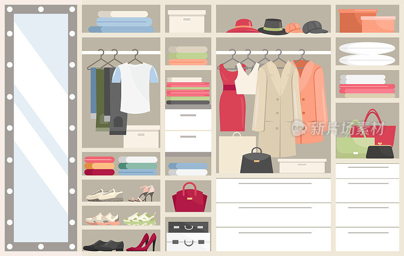 Wardrobe with clothes vector illustration, cartoon flat opened closet compartments with woman man clothing, hangers with costume or dress